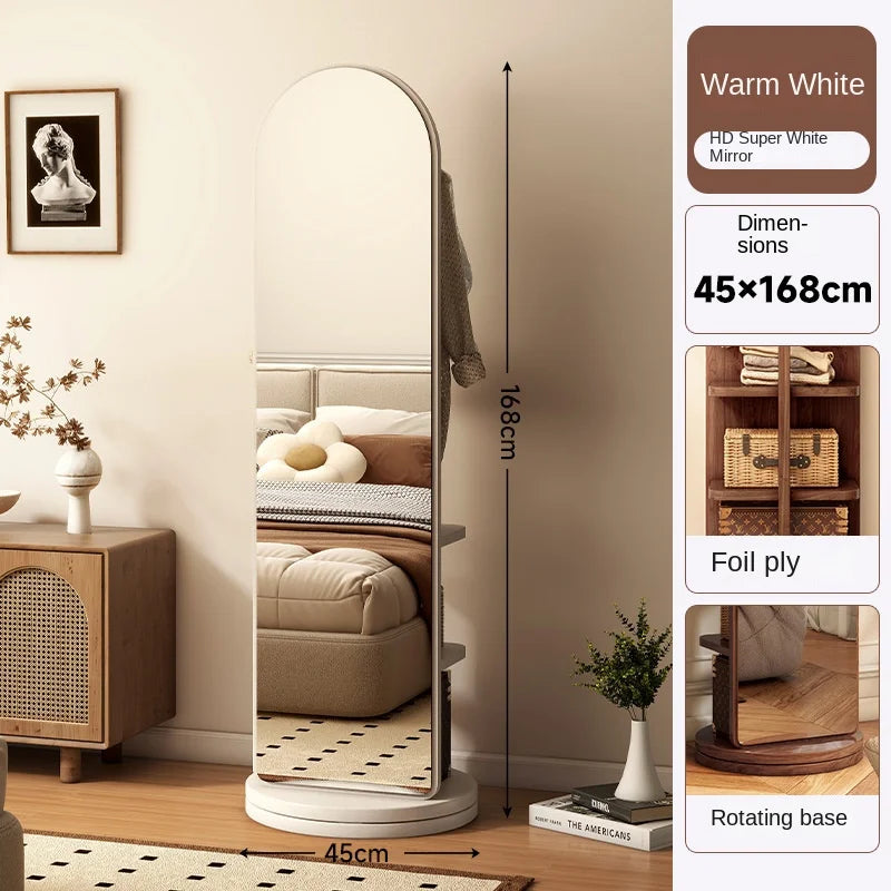 Full-Length Mirror with Coat Rack, Rotating Floor Mirror, Home Bedroom Dressing Mirror, Fitting Mirror, Multi-Function Mirror