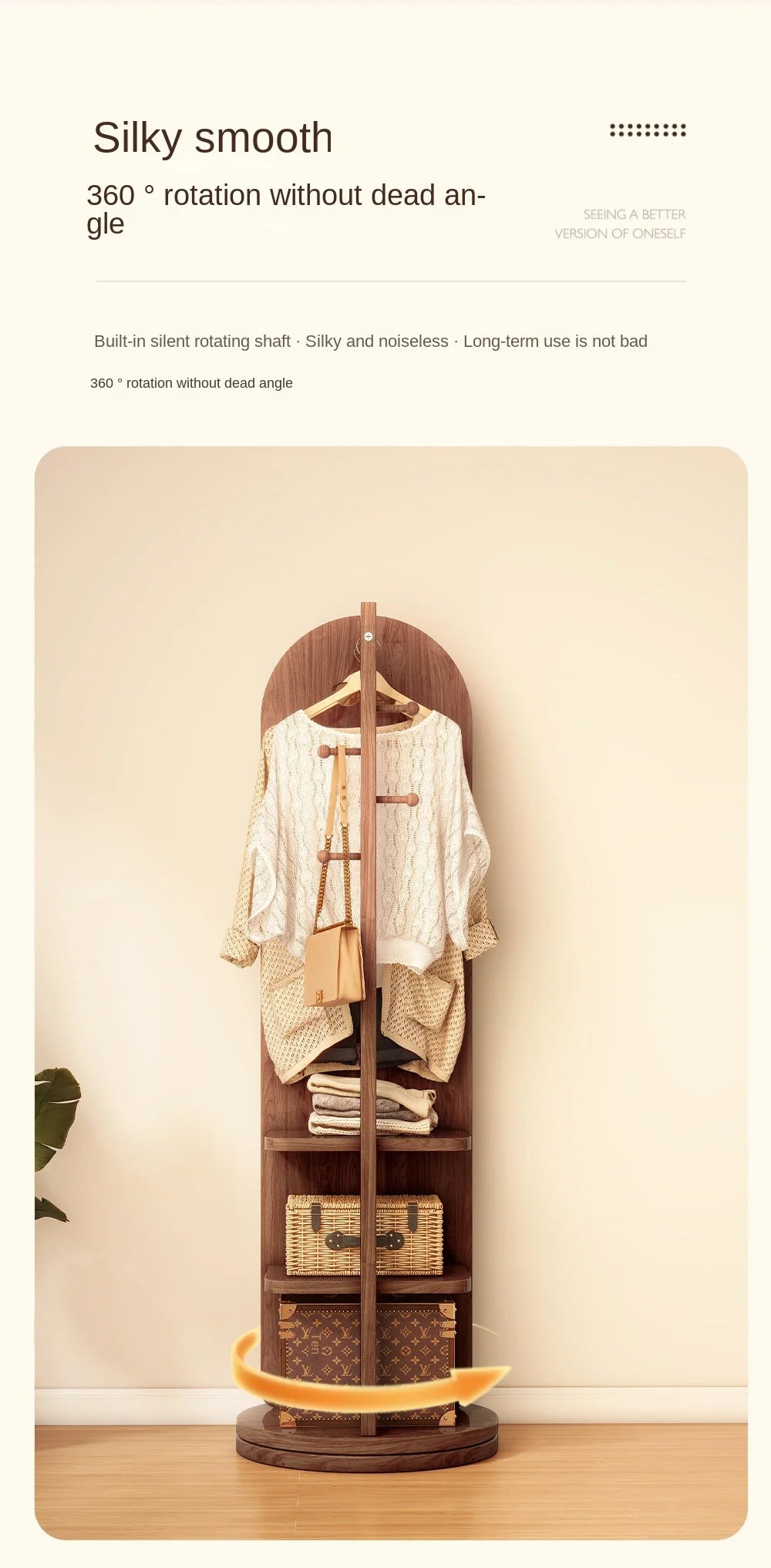 Full-Length Mirror with Coat Rack, Rotating Floor Mirror, Home Bedroom Dressing Mirror, Fitting Mirror, Multi-Function Mirror