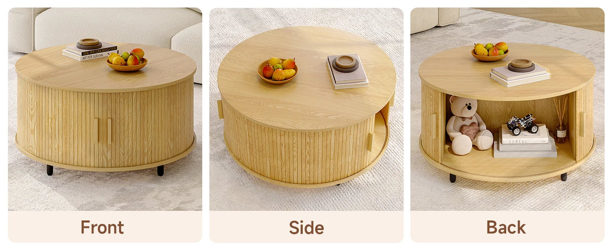 Round Coffee Table with Storage, 31.5 In Drum Coffee Table with 360° Curved Sliding Door, ModernFluted Wood Accent Coffee Tablee