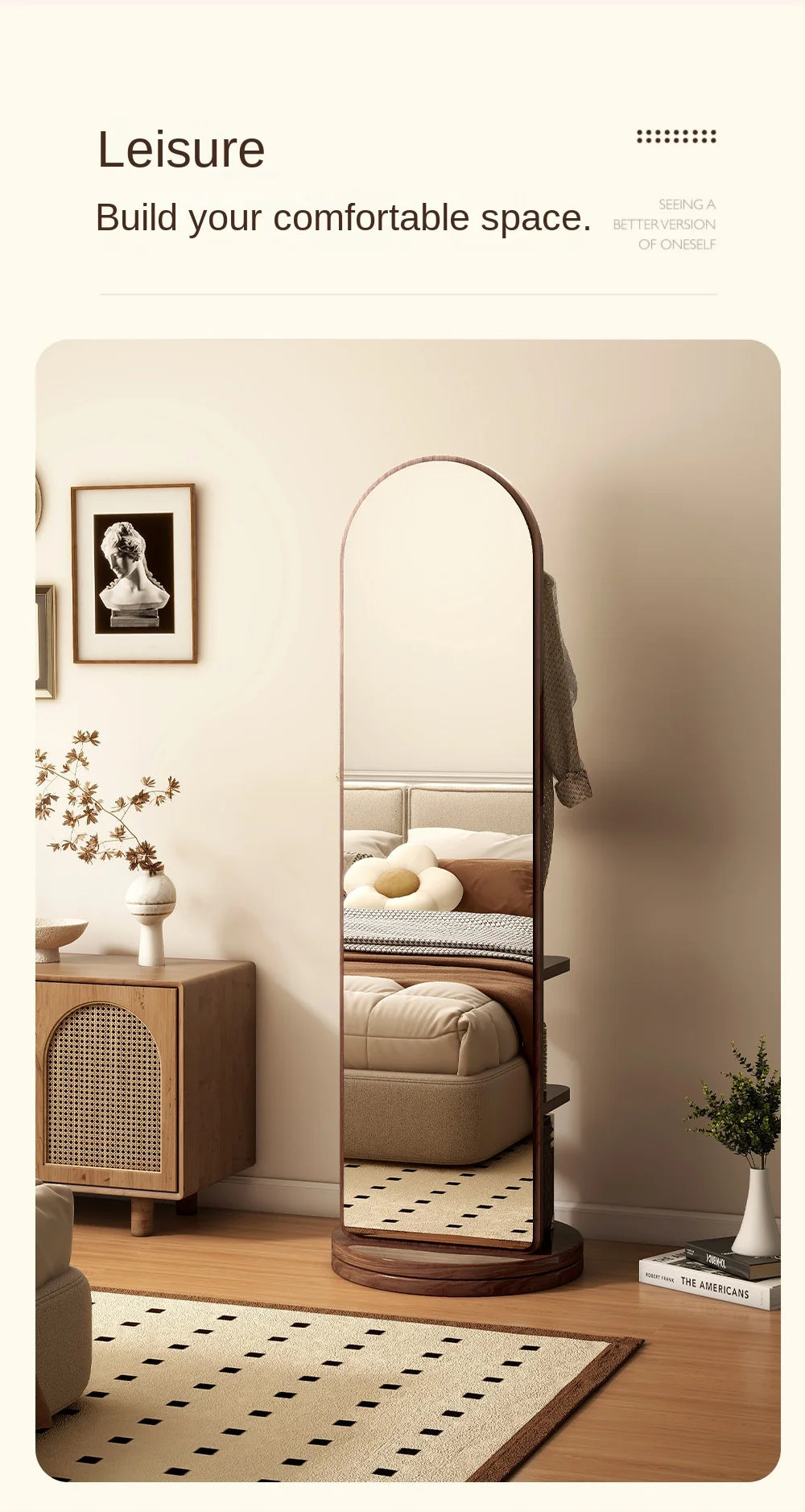 Full-Length Mirror with Coat Rack, Rotating Floor Mirror, Home Bedroom Dressing Mirror, Fitting Mirror, Multi-Function Mirror