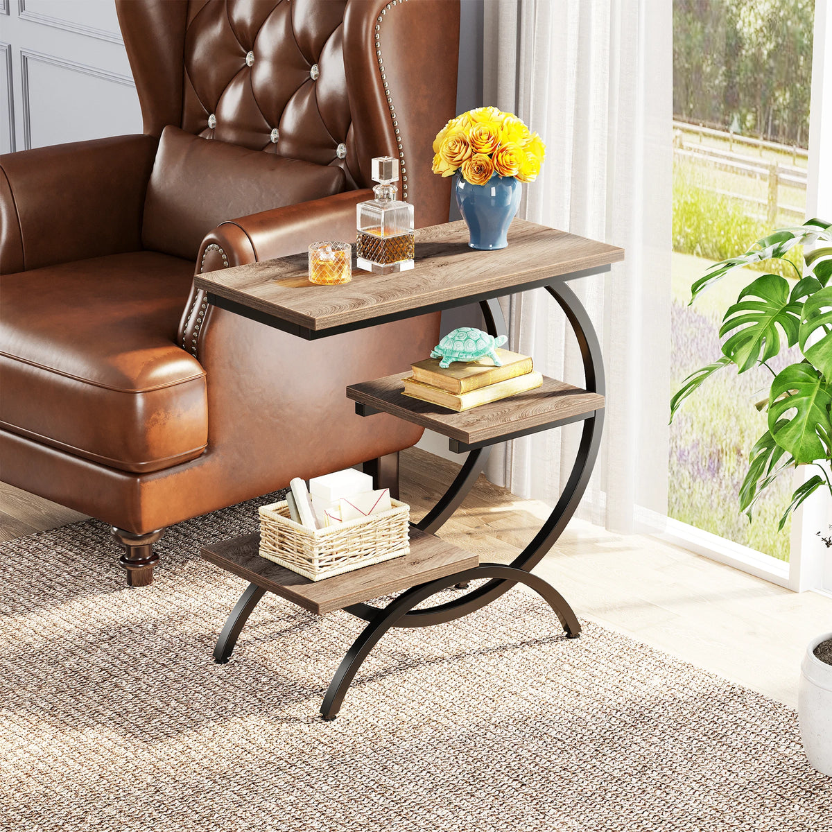 Tribesigns C-Shaped End Table, Industrial 3-Tier Small Table for Couch, Wood Bedside Table Snack Table with Storage Shelves