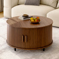 Round Coffee Table with Storage, 31.5 In Drum Coffee Table with 360° Curved Sliding Door, ModernFluted Wood Accent Coffee Tablee