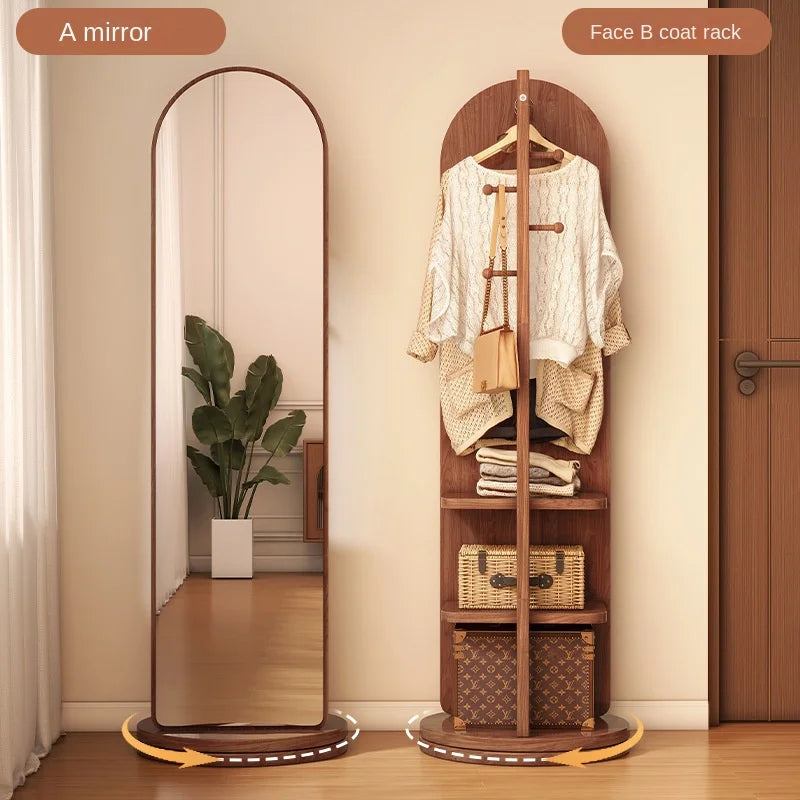 Full-Length Mirror with Coat Rack, Rotating Floor Mirror, Home Bedroom Dressing Mirror, Fitting Mirror, Multi-Function Mirror
