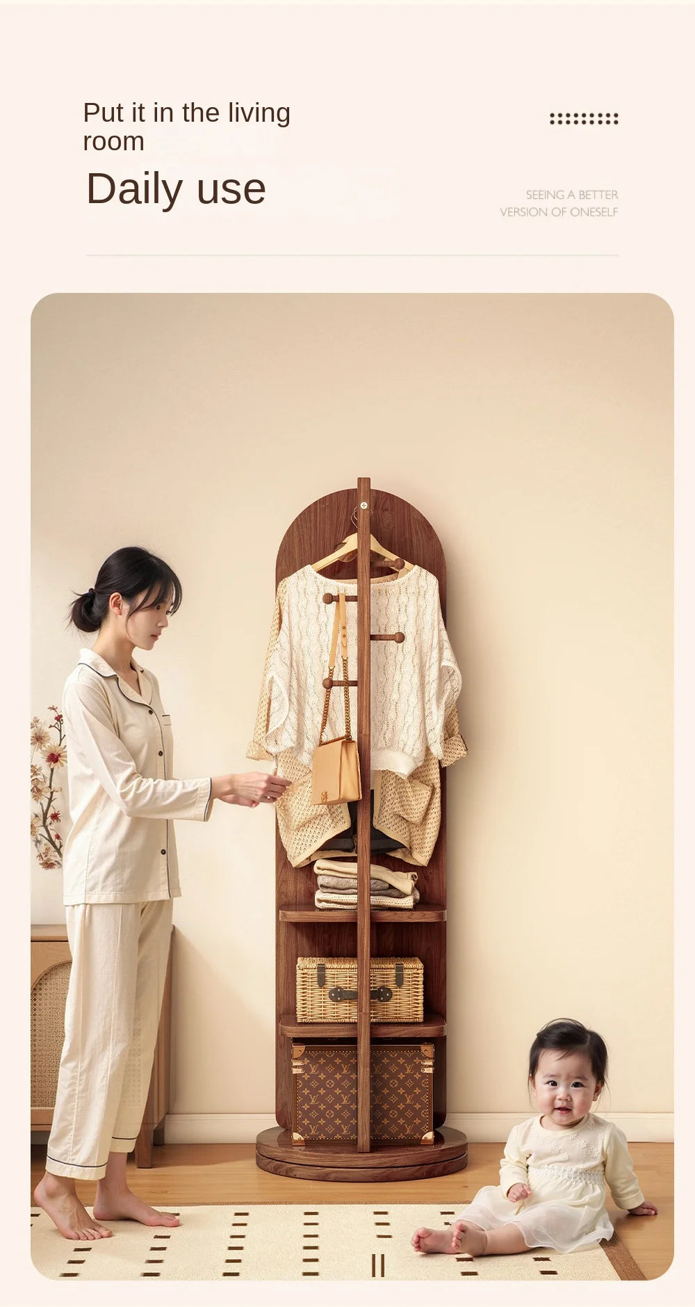 Full-Length Mirror with Coat Rack, Rotating Floor Mirror, Home Bedroom Dressing Mirror, Fitting Mirror, Multi-Function Mirror