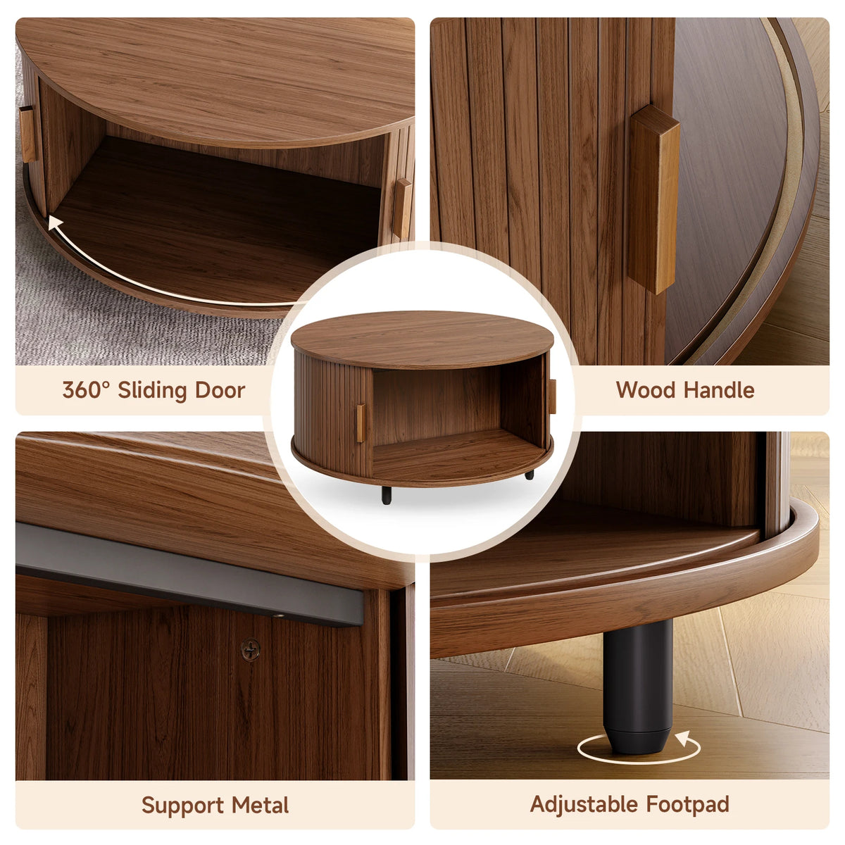 Round Coffee Table with Storage, 31.5 In Drum Coffee Table with 360° Curved Sliding Door, ModernFluted Wood Accent Coffee Tablee