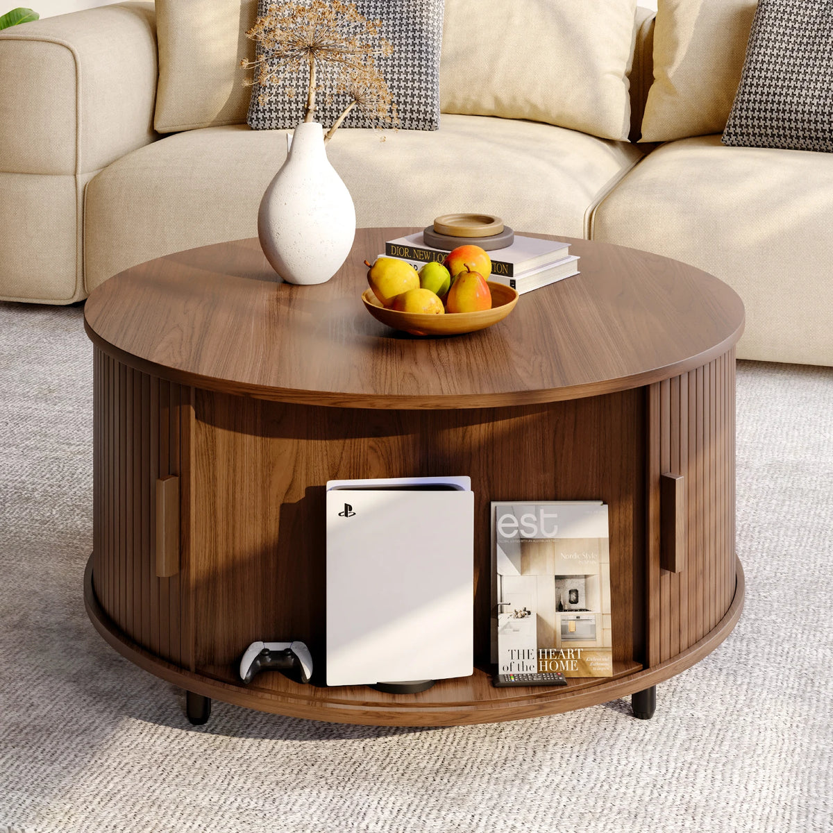 Round Coffee Table with Storage, 31.5 In Drum Coffee Table with 360° Curved Sliding Door, ModernFluted Wood Accent Coffee Tablee