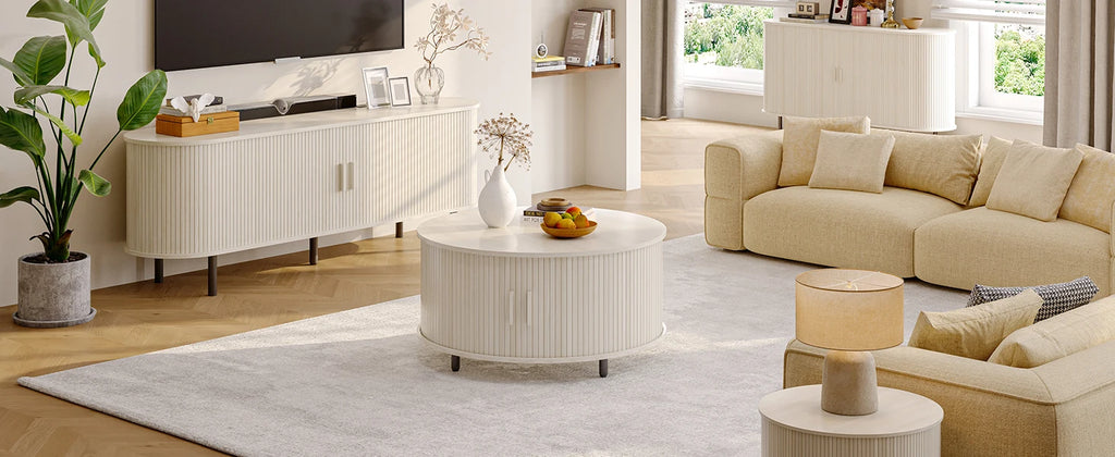 Round Coffee Table with Storage, 31.5 In Drum Coffee Table with 360° Curved Sliding Door, ModernFluted Wood Accent Coffee Tablee
