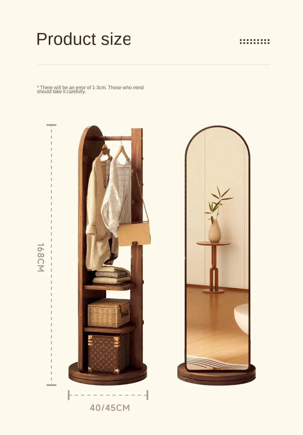 Full-Length Mirror with Coat Rack, Rotating Floor Mirror, Home Bedroom Dressing Mirror, Fitting Mirror, Multi-Function Mirror