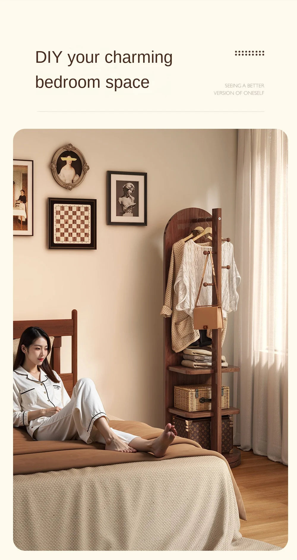 Full-Length Mirror with Coat Rack, Rotating Floor Mirror, Home Bedroom Dressing Mirror, Fitting Mirror, Multi-Function Mirror