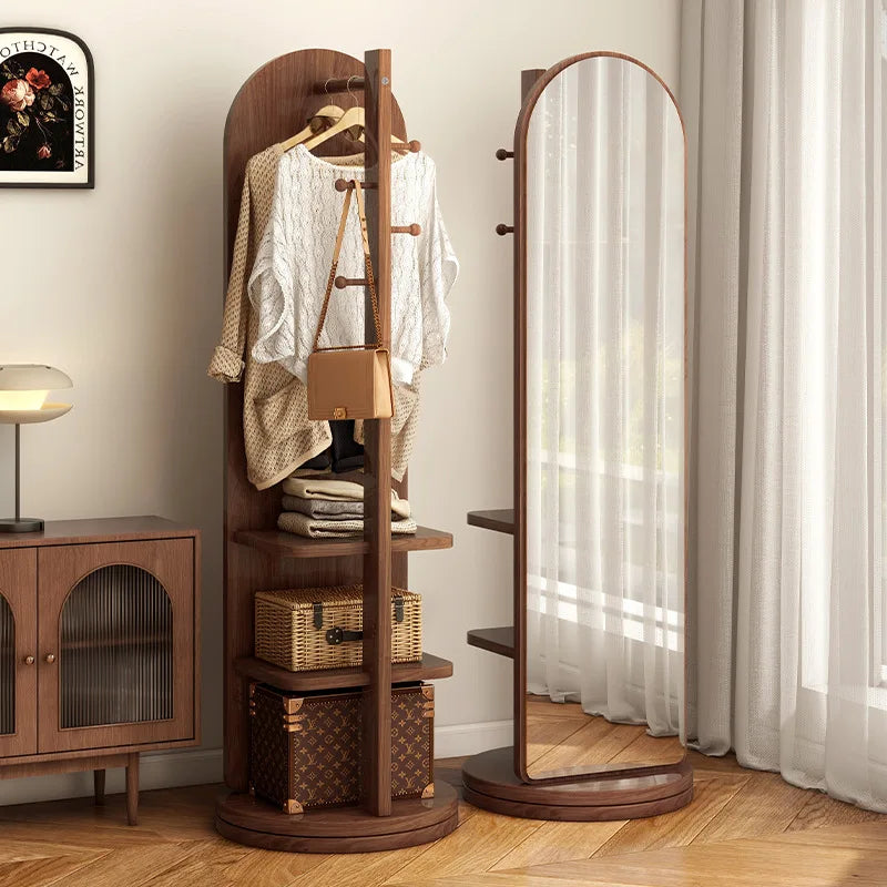Full-Length Mirror with Coat Rack, Rotating Floor Mirror, Home Bedroom Dressing Mirror, Fitting Mirror, Multi-Function Mirror