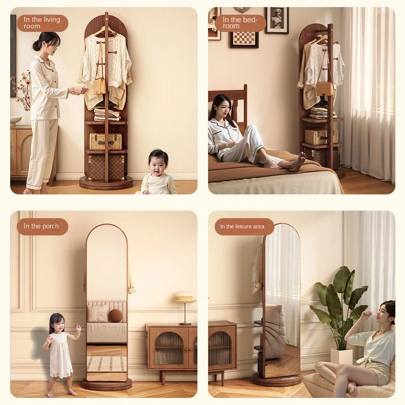 Full-Length Mirror with Coat Rack, Rotating Floor Mirror, Home Bedroom Dressing Mirror, Fitting Mirror, Multi-Function Mirror