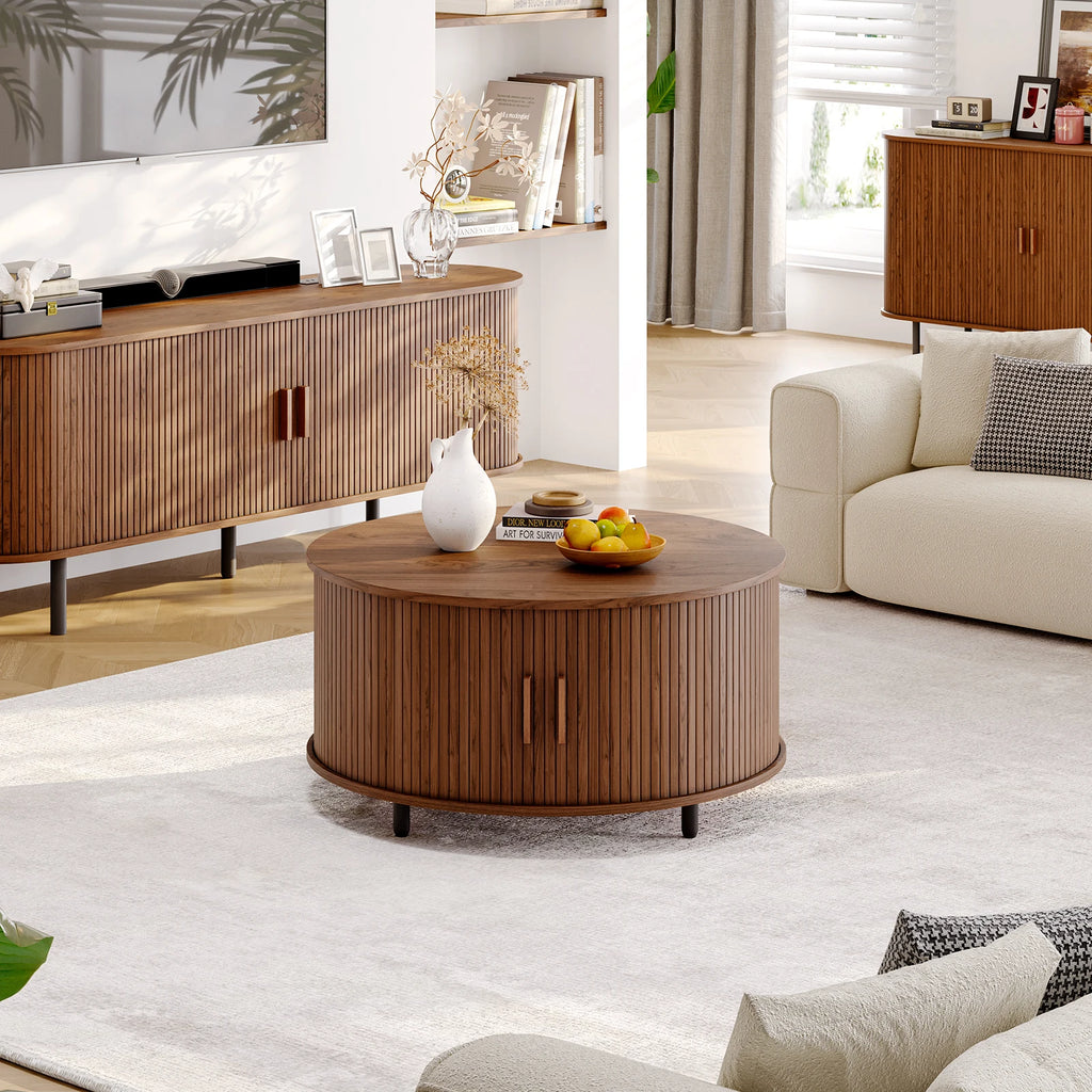Round Coffee Table with Storage, 31.5 In Drum Coffee Table with 360° Curved Sliding Door, ModernFluted Wood Accent Coffee Tablee