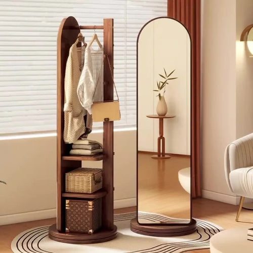 Full-Length Mirror with Coat Rack, Rotating Floor Mirror, Home Bedroom Dressing Mirror, Fitting Mirror, Multi-Function Mirror