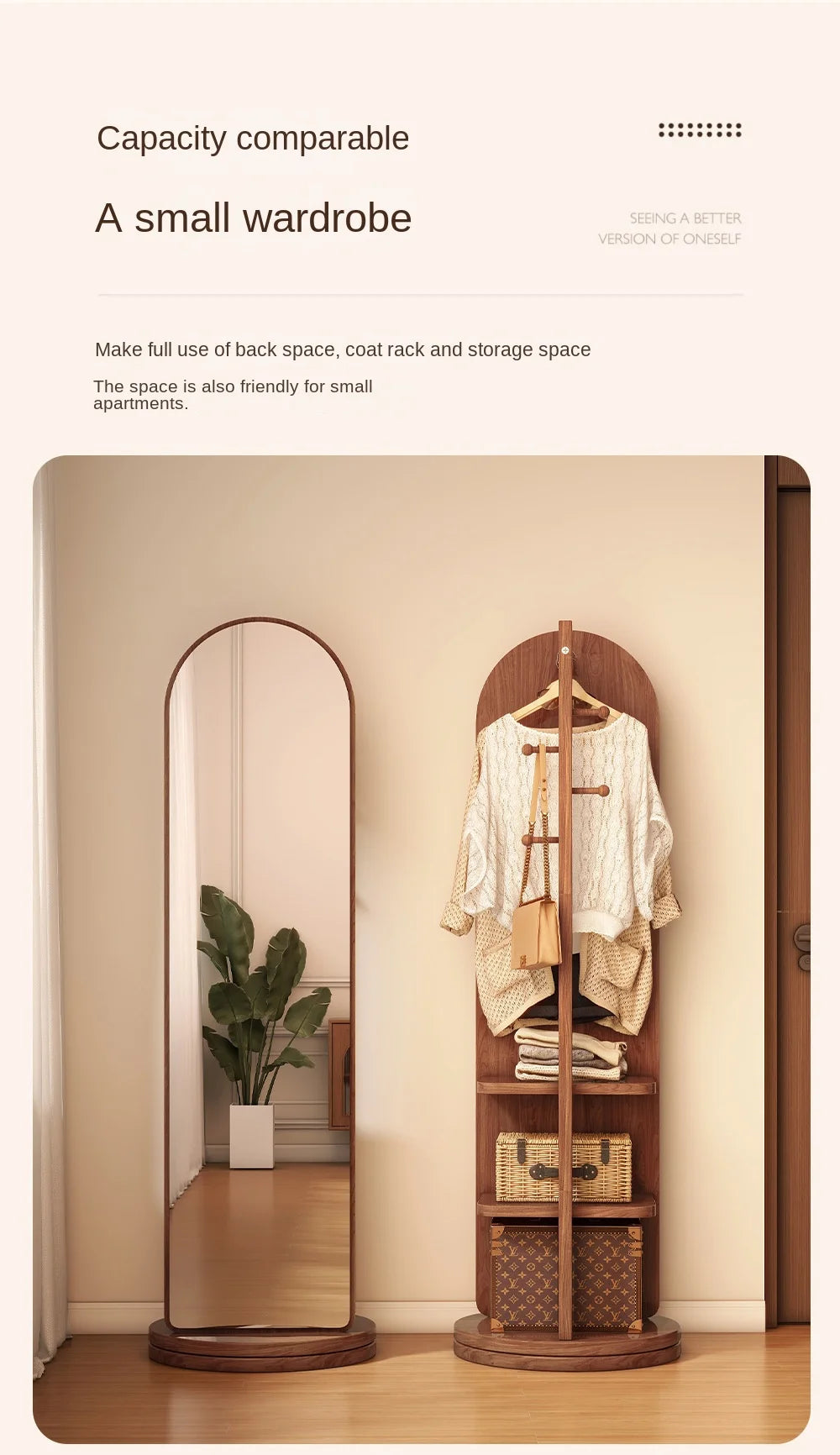 Full-Length Mirror with Coat Rack, Rotating Floor Mirror, Home Bedroom Dressing Mirror, Fitting Mirror, Multi-Function Mirror