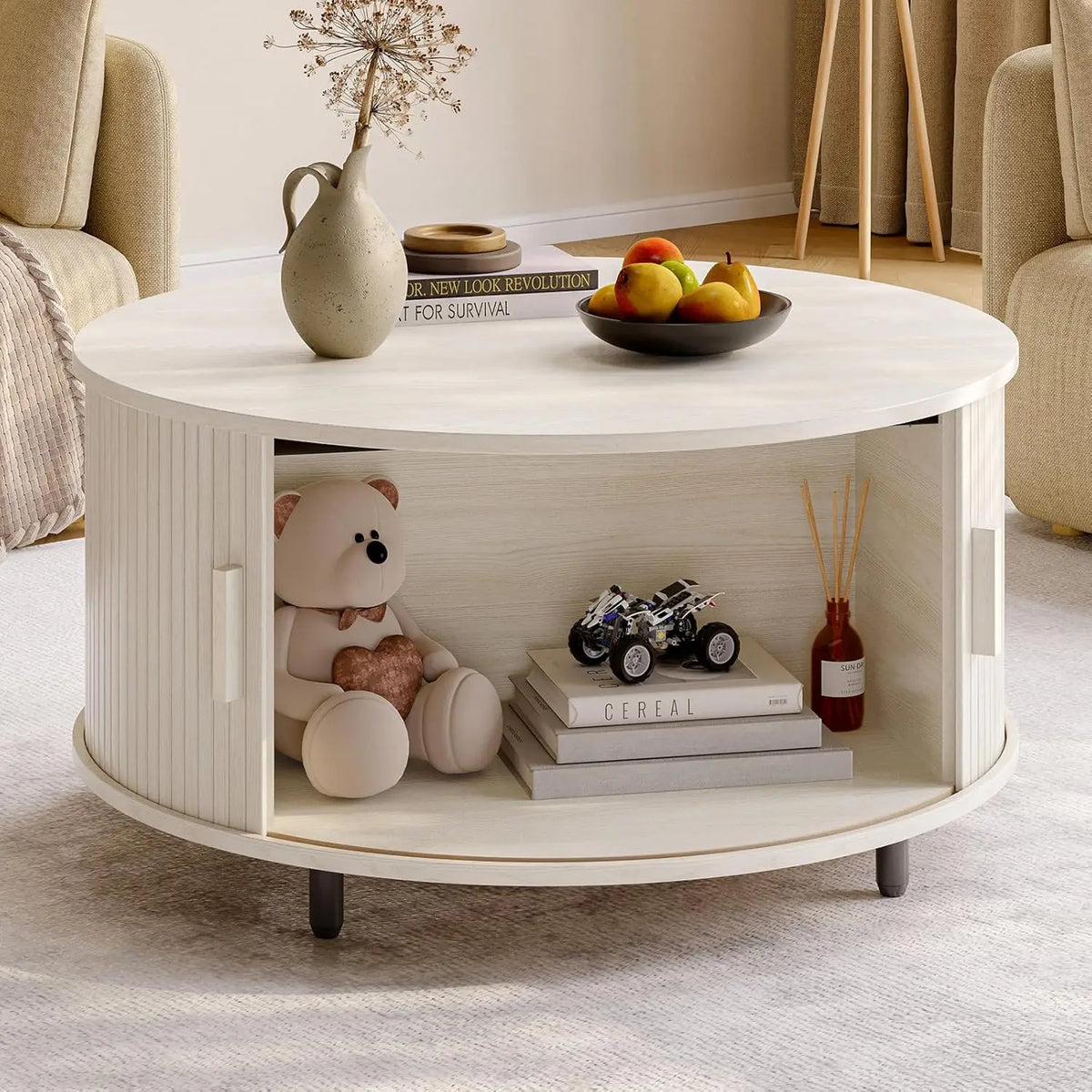 Round Coffee Table with Storage, 31.5 In Drum Coffee Table with 360° Curved Sliding Door, ModernFluted Wood Accent Coffee Tablee