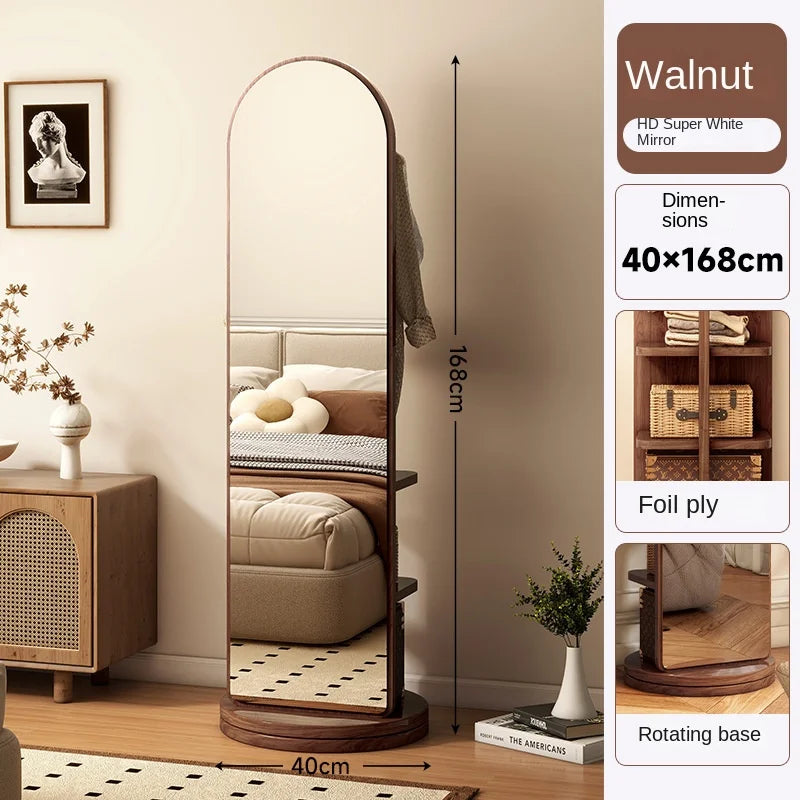 Full-Length Mirror with Coat Rack, Rotating Floor Mirror, Home Bedroom Dressing Mirror, Fitting Mirror, Multi-Function Mirror