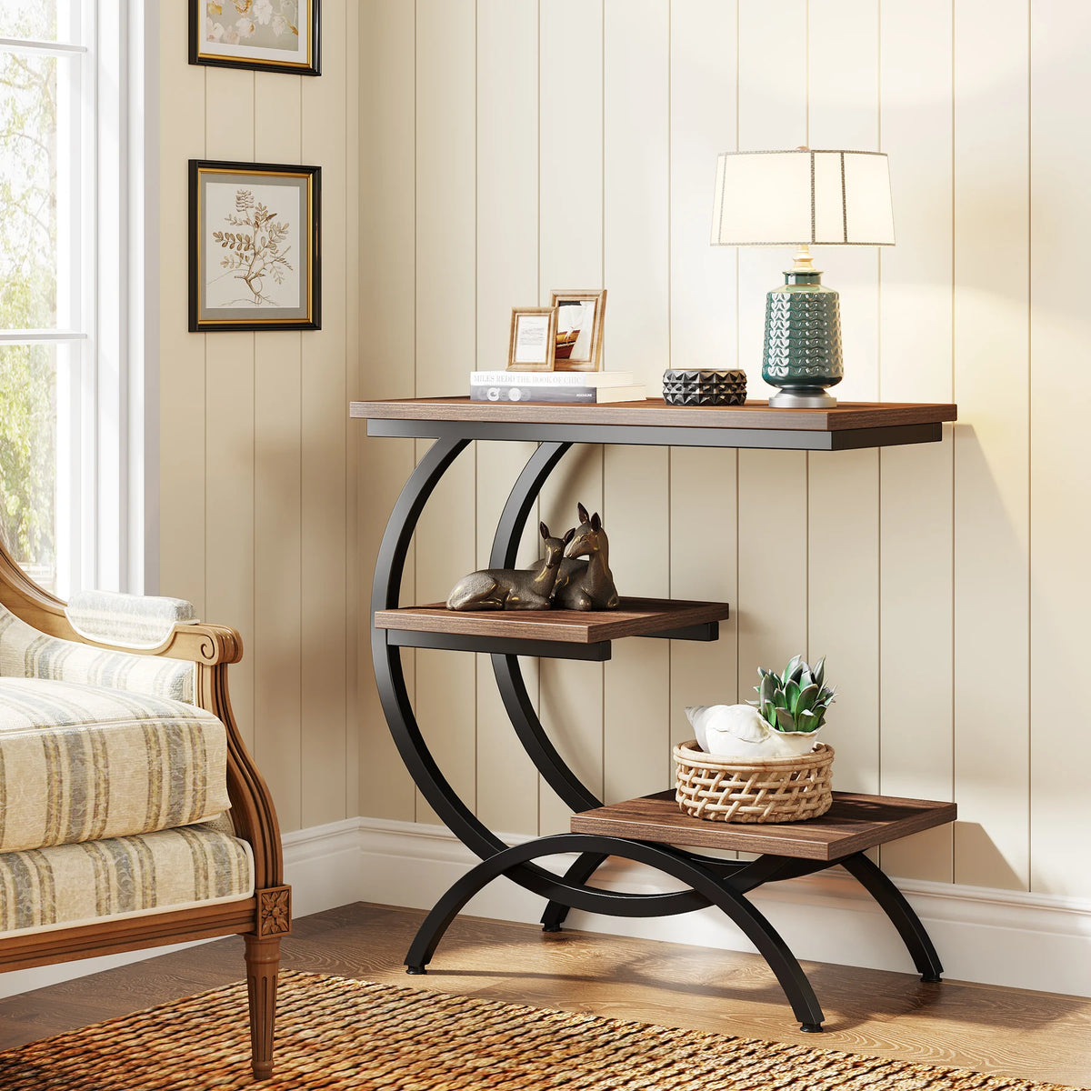 Tribesigns C-Shaped End Table, Industrial 3-Tier Small Table for Couch, Wood Bedside Table Snack Table with Storage Shelves