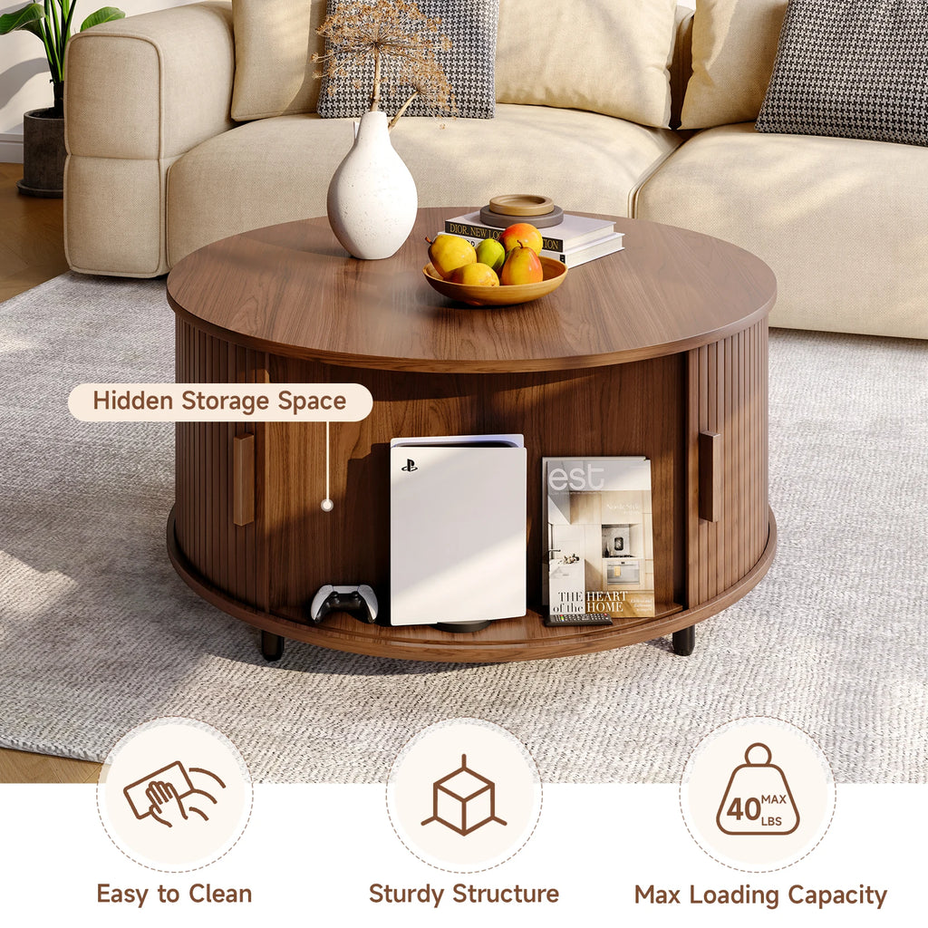 Round Coffee Table with Storage, 31.5 In Drum Coffee Table with 360° Curved Sliding Door, ModernFluted Wood Accent Coffee Tablee