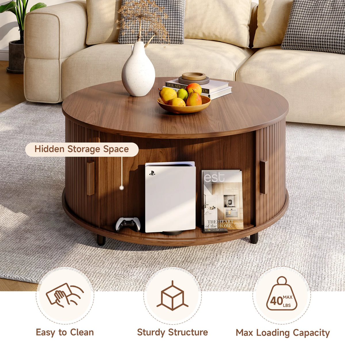 Round Coffee Table with Storage, 31.5 In Drum Coffee Table with 360° Curved Sliding Door, ModernFluted Wood Accent Coffee Tablee