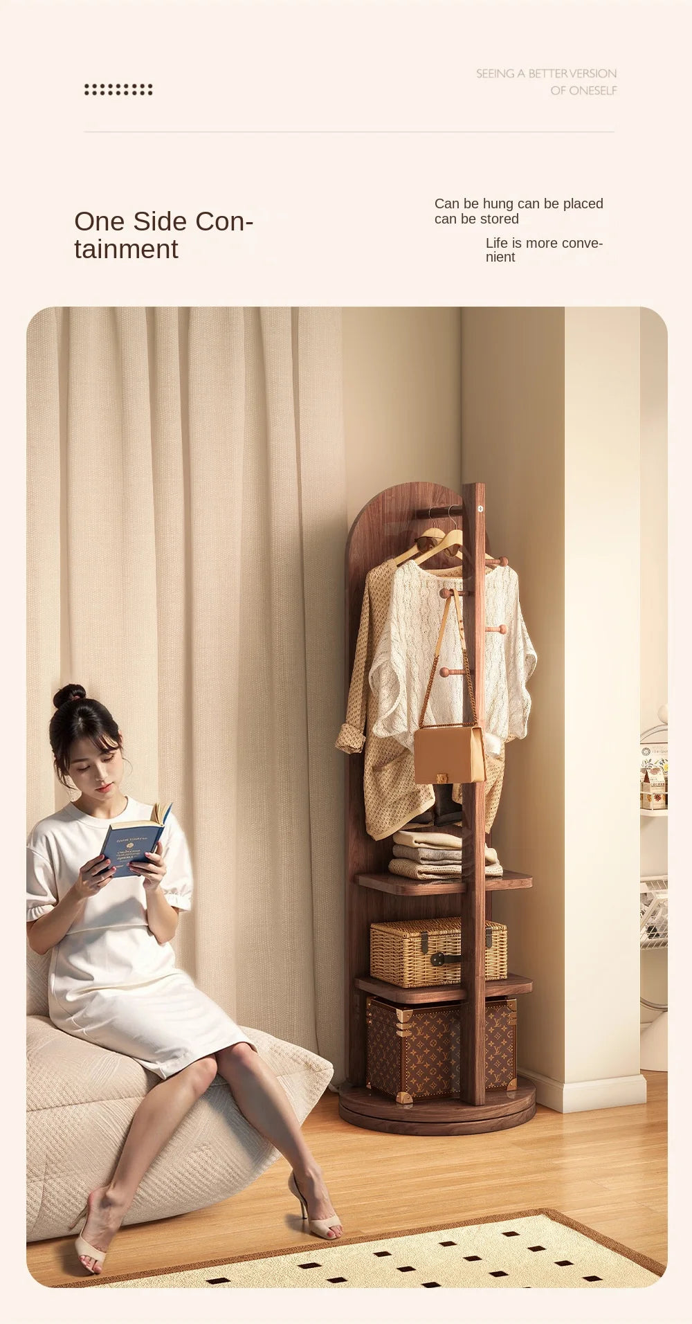 Full-Length Mirror with Coat Rack, Rotating Floor Mirror, Home Bedroom Dressing Mirror, Fitting Mirror, Multi-Function Mirror