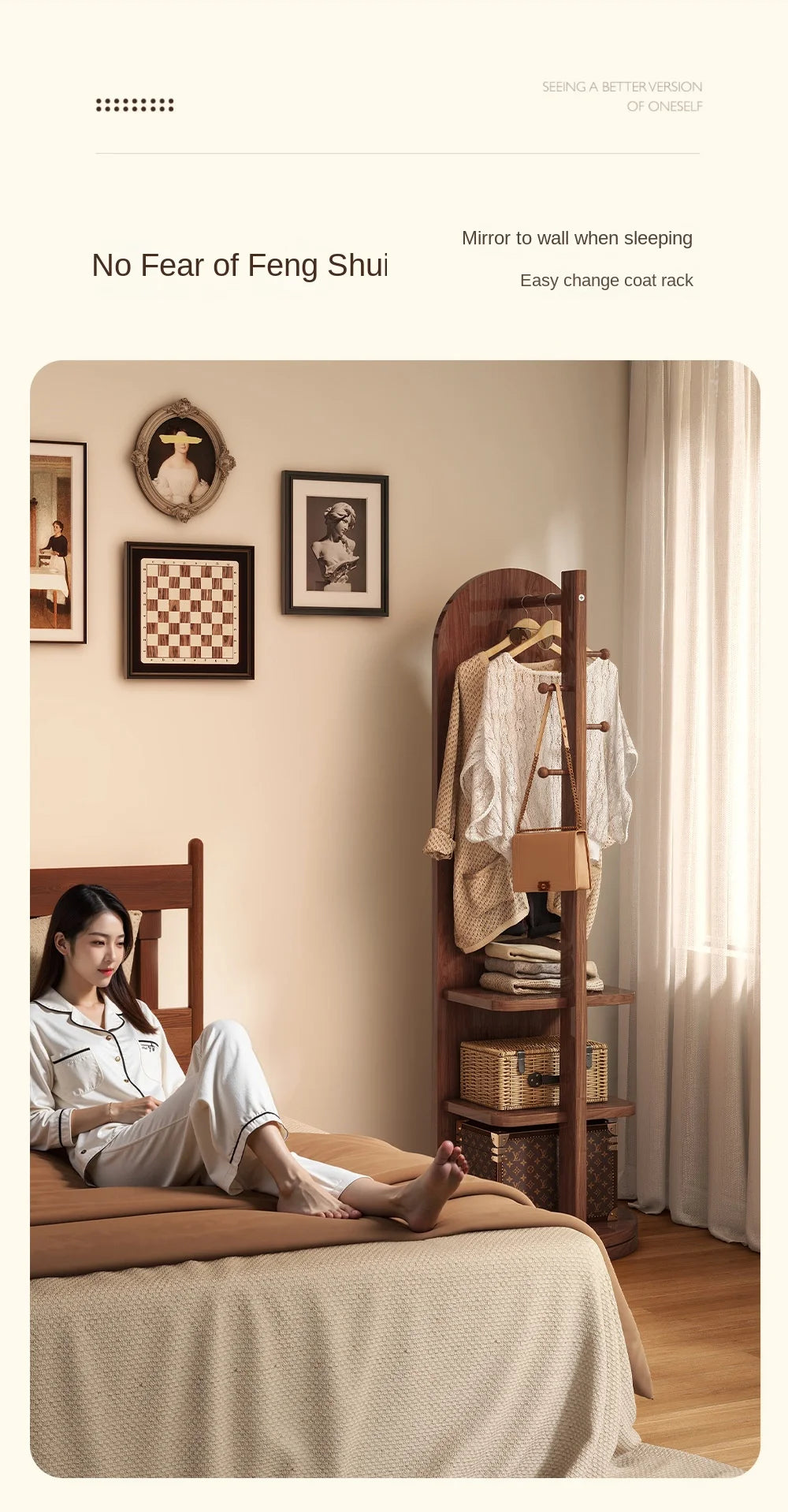 Full-Length Mirror with Coat Rack, Rotating Floor Mirror, Home Bedroom Dressing Mirror, Fitting Mirror, Multi-Function Mirror