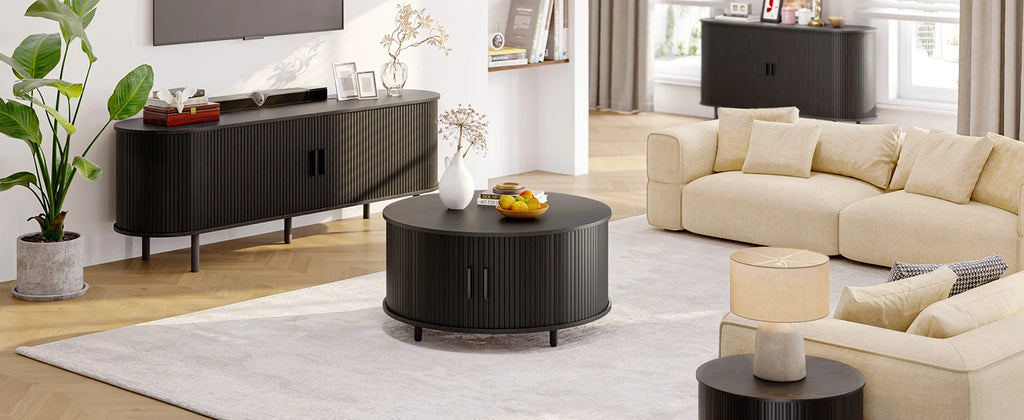 Round Coffee Table with Storage, 31.5 In Drum Coffee Table with 360° Curved Sliding Door, ModernFluted Wood Accent Coffee Tablee