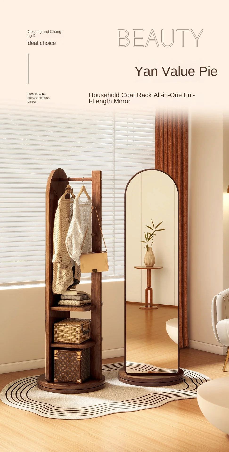 Full-Length Mirror with Coat Rack, Rotating Floor Mirror, Home Bedroom Dressing Mirror, Fitting Mirror, Multi-Function Mirror